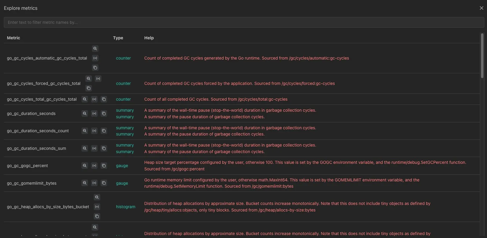 Explore metrics